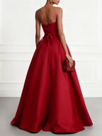 Red Faux Pearl Split Joint Satin Strapless Sleeveless A-Line Gown