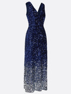 Navy Blue Ombre Sequin Deep V Neck Sleeveless Sheath Maxi Dress