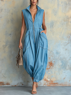 Light Blue Denim Sleeveless Zip Front Harem Jumpsuit