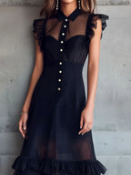 Elegant Sheer Black Chiffon Ruffle-Trim Midi Dress