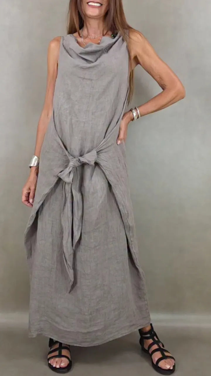 Linen Blend Sleeveless Wrap  Dress