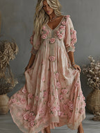 Women's Vintage Floral Art Print Flowy Linen Blend Casual Short Sleeve V Neck Maxi Dress