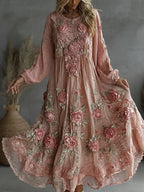 Women's Floral Roses Art Print Flowy Linen Blend Casual Long Sleeve Maxi Dress