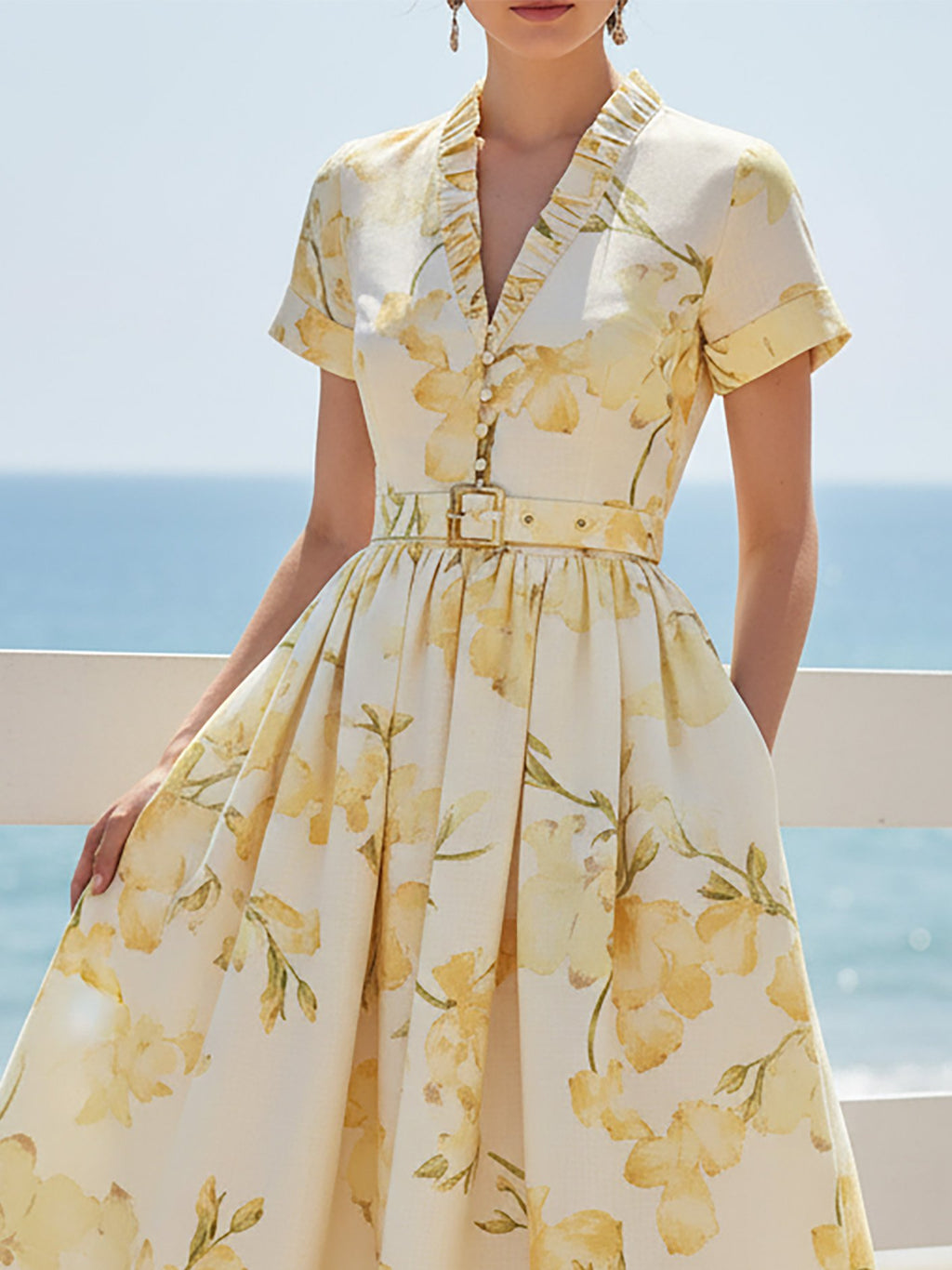 Midi Linen Dress, Short Sleeves, V Neck, Floral, Belt Design, Vintage, Yellow
