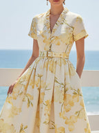 Midi Linen Dress, Short Sleeves, V Neck, Floral, Belt Design, Vintage, Yellow