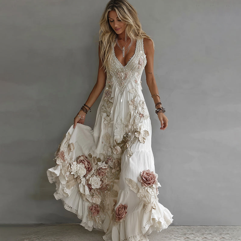 Women's Floral Art Print Flowy Linen Blend Casual Tank Maxi Dress