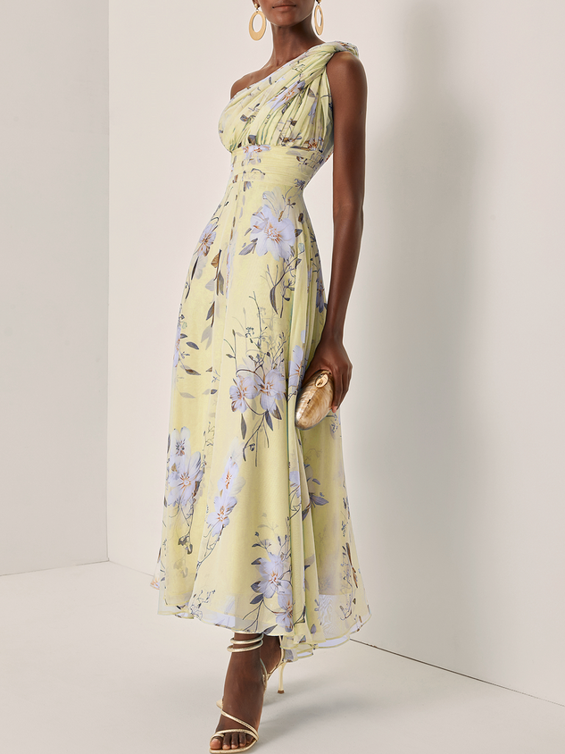 Light Blue Floral Ruched Chiffon One Shoulder Sleeveless A-Line Maxi Dress