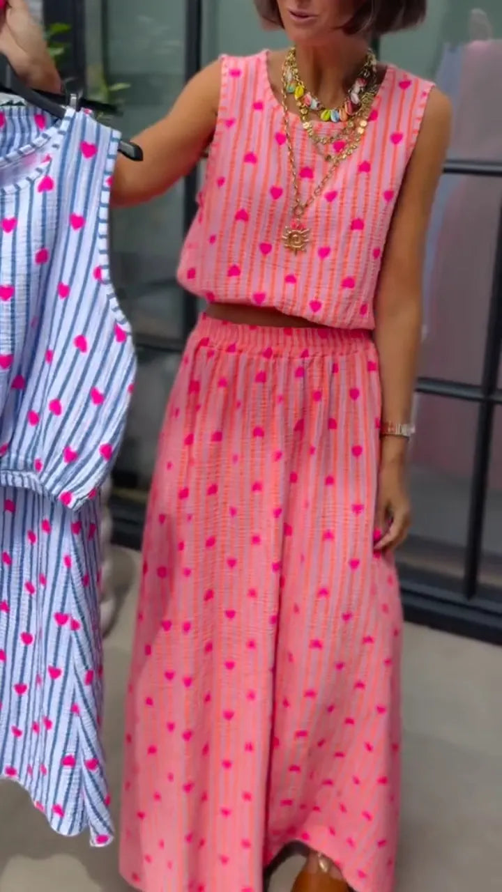 Heart Stripe Crinkle Two Piece Midi Skirt Set