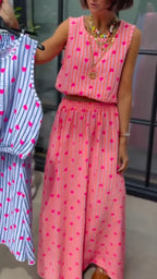 Heart Stripe Crinkle Two Piece Midi Skirt Set