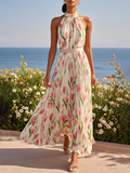 Pink Floral Chiffon Halter Sleeveless A-Line Maxi Dress