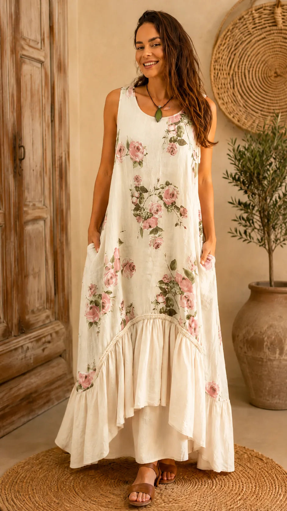 Rose Floral Sleeveless Linen-Blend Maxi Dress