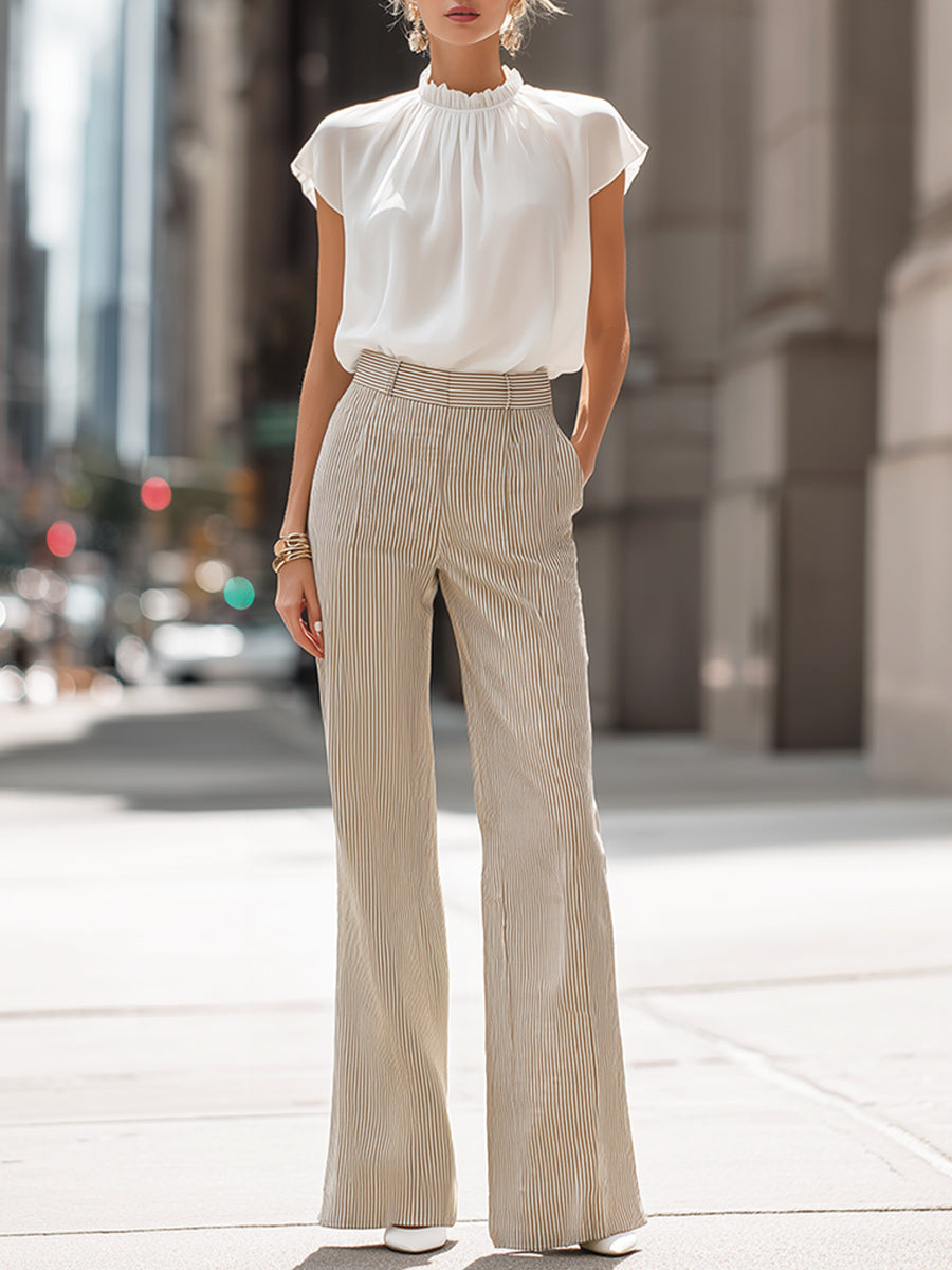 Ruffled Neck Blouse And Striped Wide-Leg Pants Set