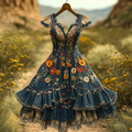 Summer Handmade Lace Denim Patchwork Dress 7d59