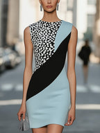 Elegant Satin Dress With Leopard Print And Color Block Design