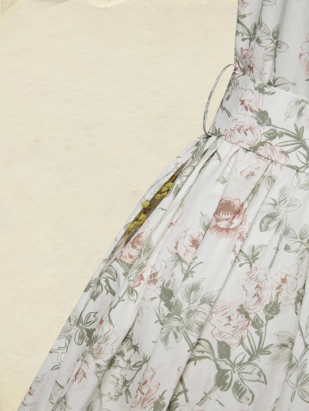 Midi Cotton Dress, Cap Sleeves, Round Neck, Floral, Belt Design, Vintage, Apricot