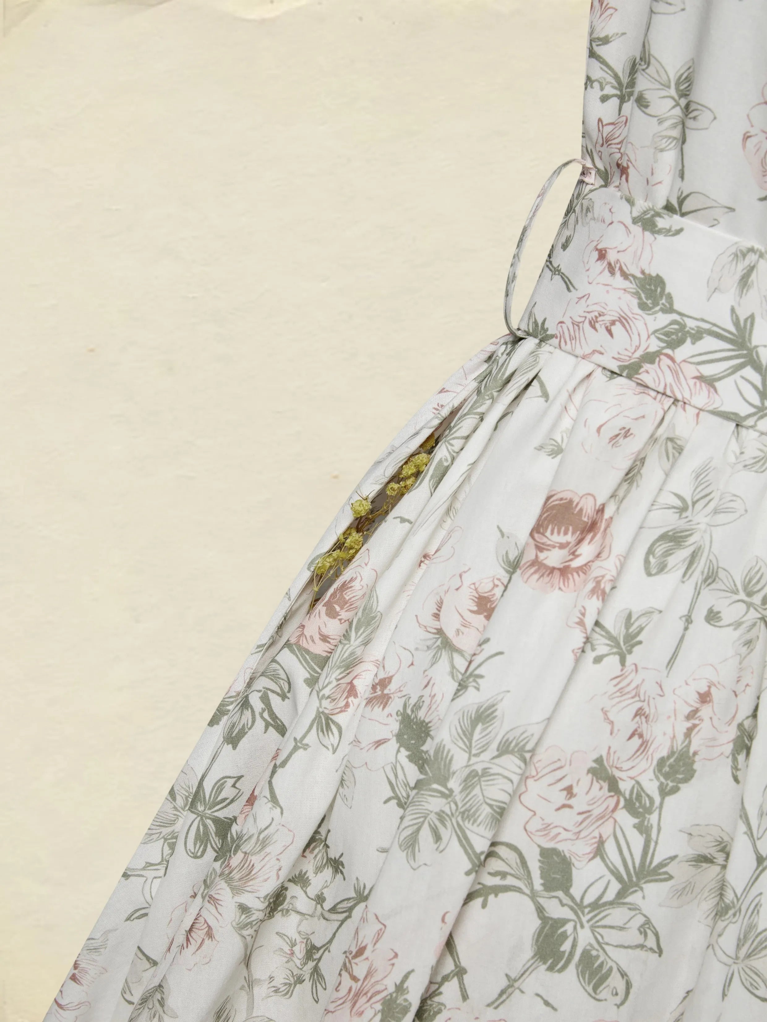 Midi Cotton Dress, Cap Sleeves, Round Neck, Floral, Belt Design, Vintage, Apricot