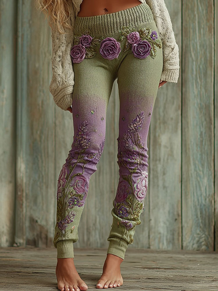 Lassy Gradient Purple Lavender And Floral Art Cozy Knit Leggings