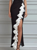 Black And White One-Shoulder Ruffle Evening Maxi Dress