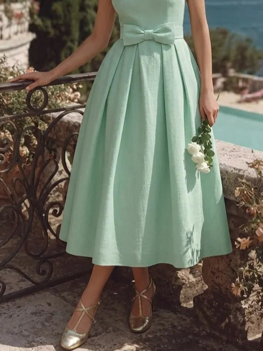 Midi Cotton Dress, Sleeveless, Round Neck, Plain, Bow, French Vintage, mint