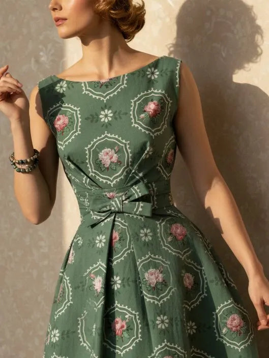Midi Linen Dress, Sleeveless, Round Neck, Floral, Bow, Vintage, Green