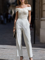 Off-Shoulder Ruched Top And High-Waisted Straight-Leg Pants Set