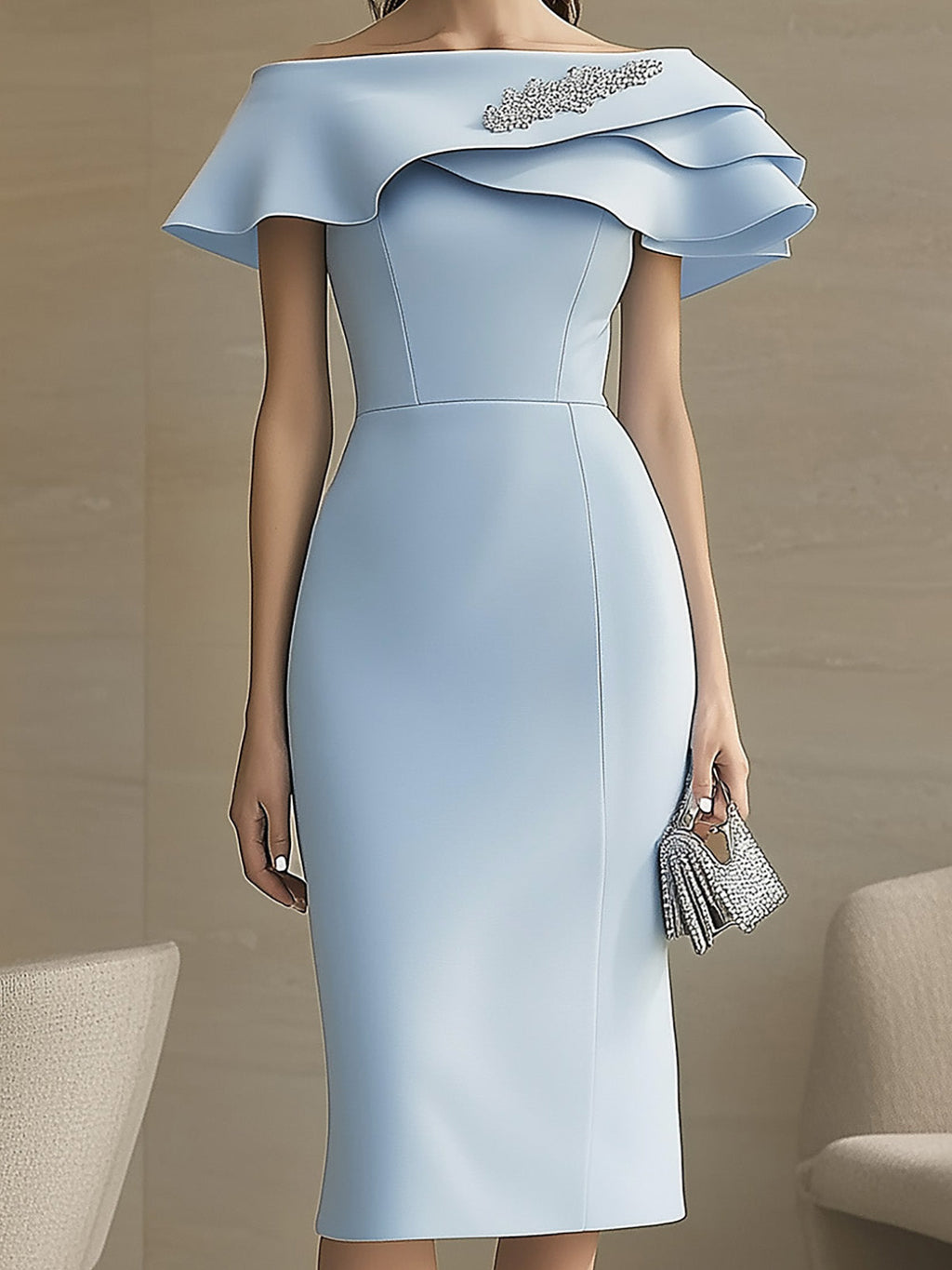 Feminine Light Blue Dress with Ruffled Asymmetrical Neckline