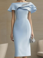 Feminine Light Blue Dress with Ruffled Asymmetrical Neckline