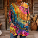 Women's Peace Tie-dye Rainbow Art Pattern Casual Long-sleeve Pocket T-shirt