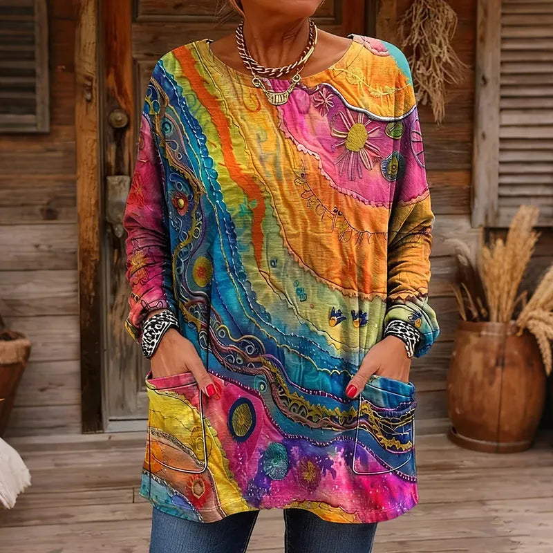 Women's Peace Tie-dye Rainbow Art Pattern Casual Long-sleeve Pocket T-shirt