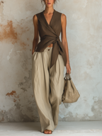 Linen-Blend Wrap Vest & High-Waist Wide-Leg Pants Set