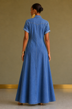 Medium Wash  Roll Cuff Denim Button Down Maxi Shirt Dress