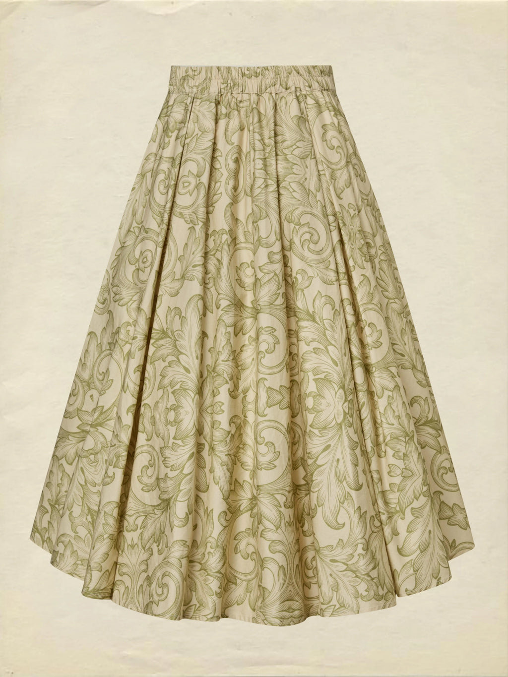 Midi Cotton Skirt Set, Long Sleeves, V Neck, Leaf, Plants, Button Design, Vintage, Light Khaki