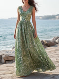 Maxi Linen Dress, Sleeveless, V Neck, Floral, Lace, Vacation, Vintage, Green