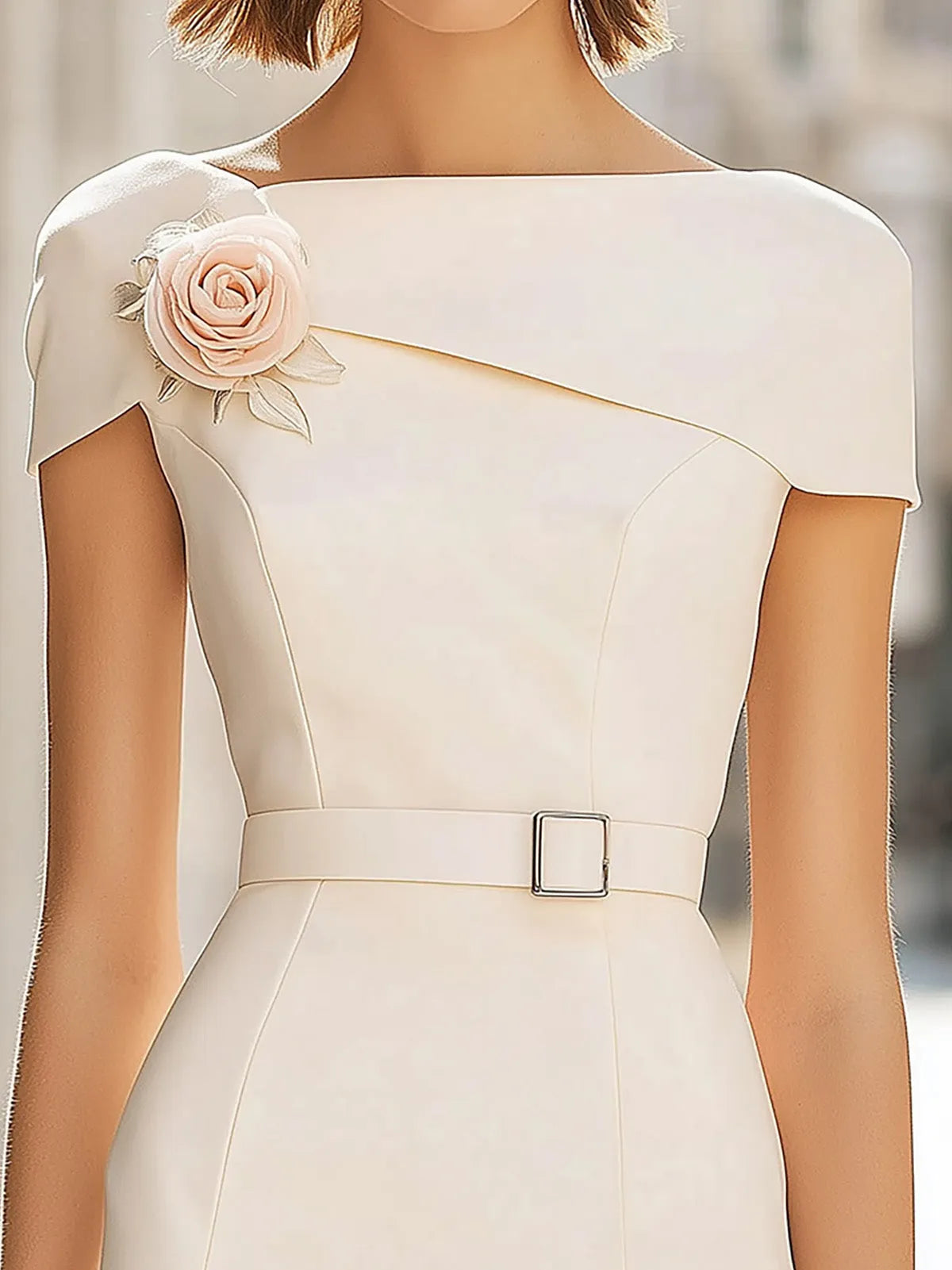 White Satin Dress With 3D Shoulder Flower And Waist Belt