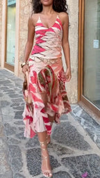 Boho Tribal Print High Low Fringe Maxi Dress