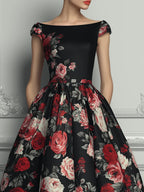 Black Base Red Rose Floral Print A-line Midi Dress