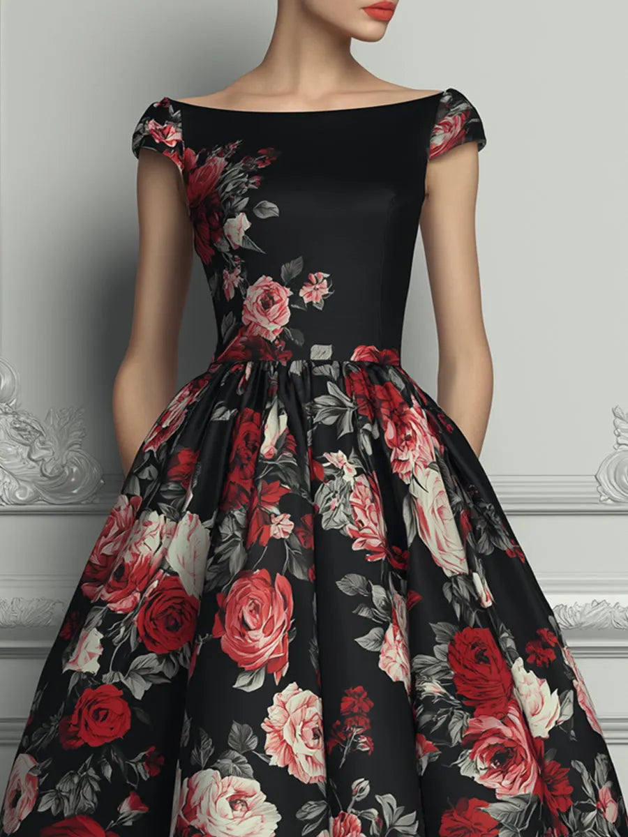 Black Base Red Rose Floral Print A-line Midi Dress