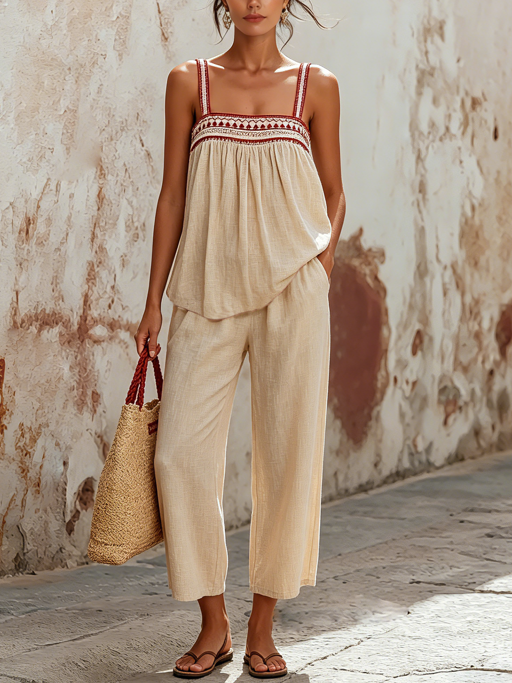Boho Embroidered Linen-Blend Cami Top & Wide-Leg Pants Two-Piece Set