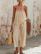 Boho Embroidered Linen-Blend Cami Top & Wide-Leg Pants Two-Piece Set