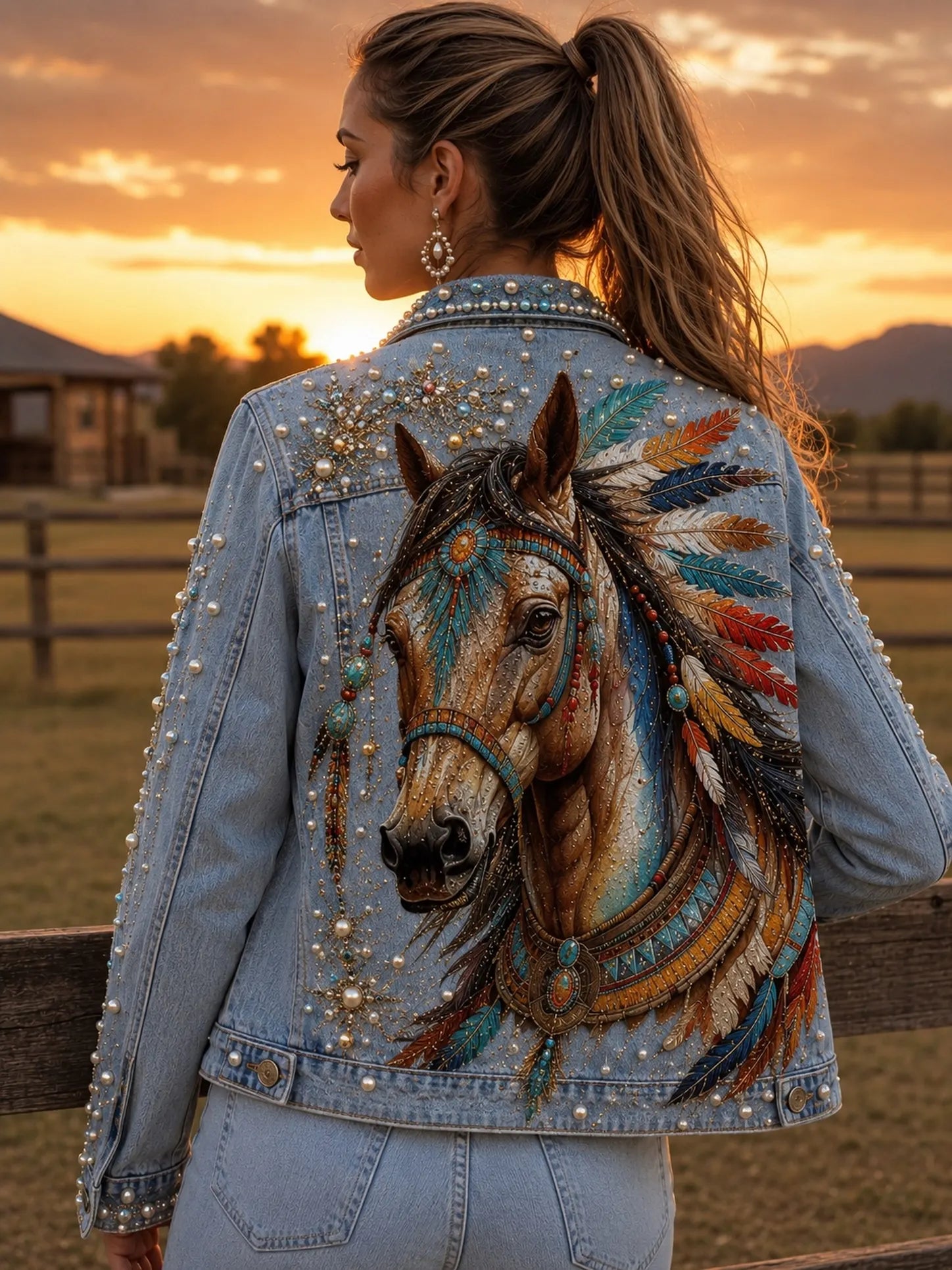 Beaded Horse Feather Denim Jacket