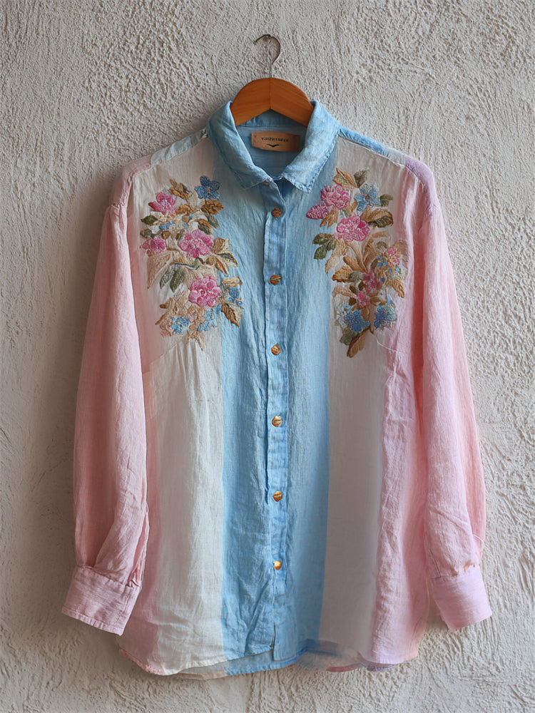 Vintage Floral Trans Flag Colorblock Linen Shirt