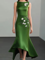 Sleek Green Satin Dress with Embellished Side Detail