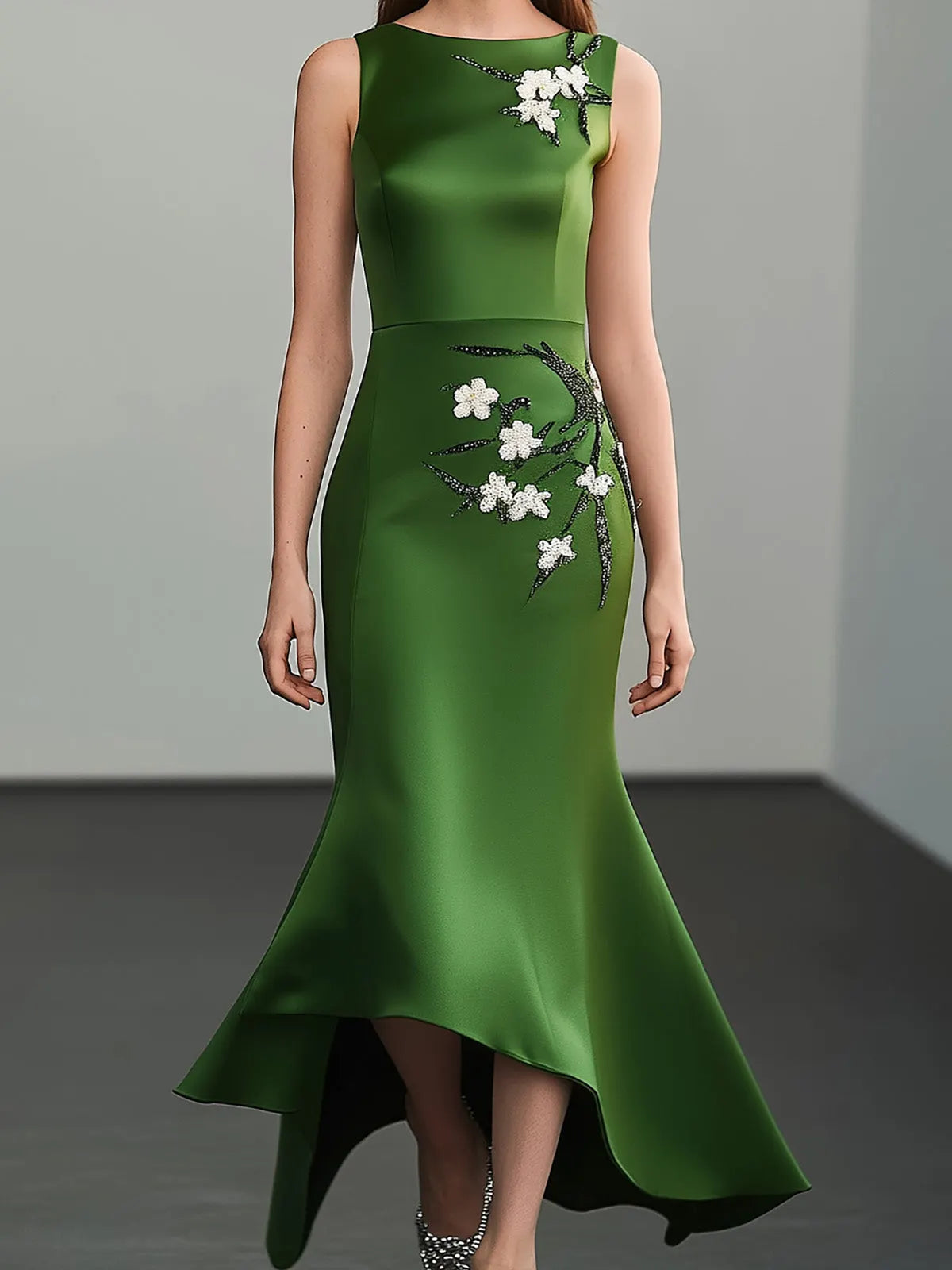 Sleek Green Satin Dress with Embellished Side Detail