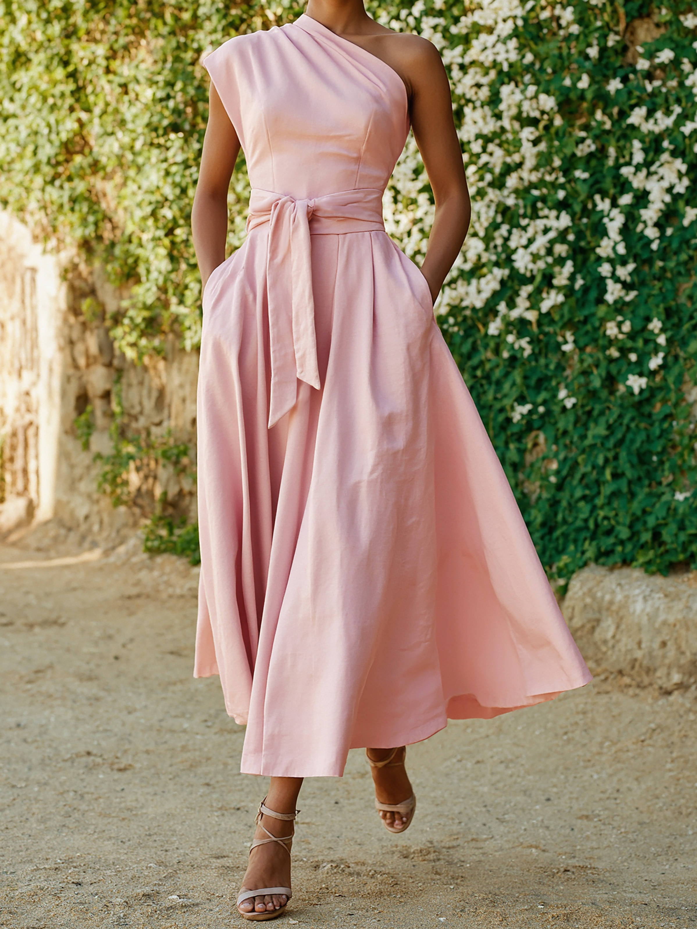 Maxi Cotton Dress , Sleeveless, One shoulder, Plain, Belt Design, Vintage, Light Pink