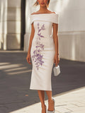 Sleek White Satin Dress With Single-Side Purple Embroidery