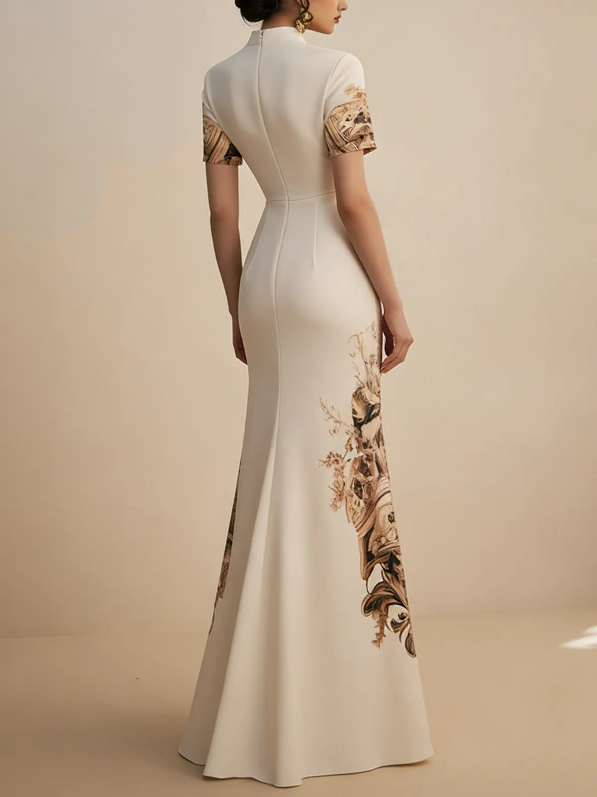 Beige Floral Satin Deep V Neck Short Sleeve Mermaid Gown Dress