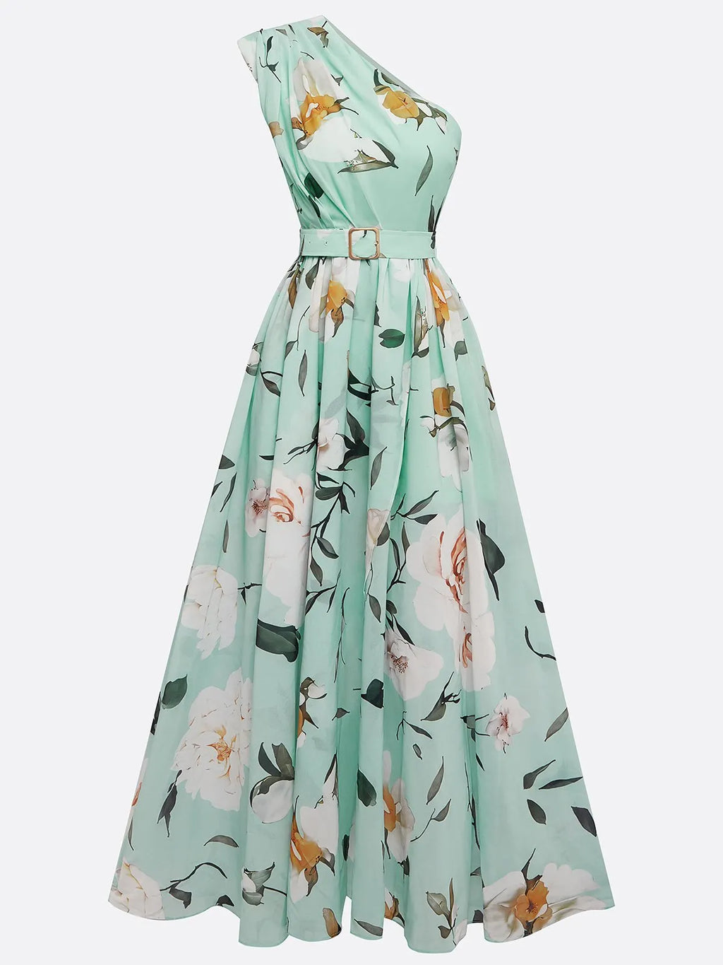 Lightgreen Ruched Slit Chiffon One Shoulder Sleeveless A-Line Floor-length Gown Dress