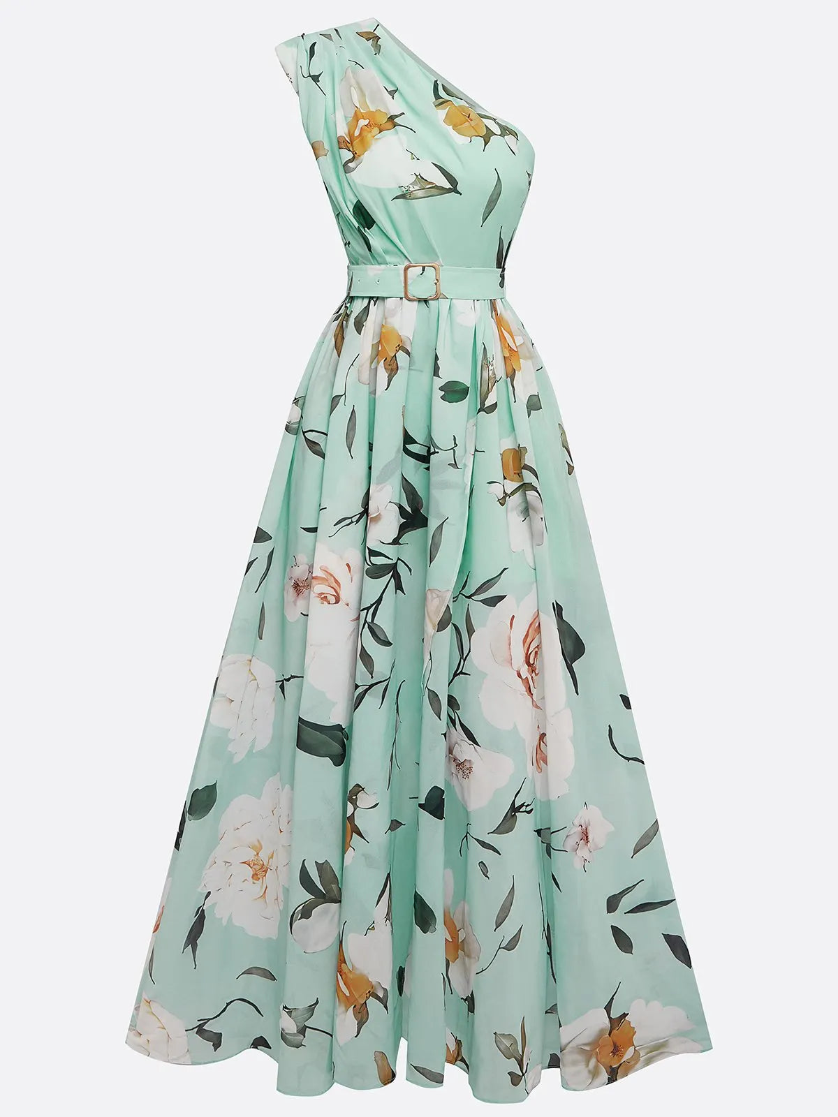 Lightgreen Ruched Slit Chiffon One Shoulder Sleeveless A-Line Floor-length Gown Dress