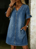 Women's Fashion V-neck Ruffled Short-sleeved Denim Dress