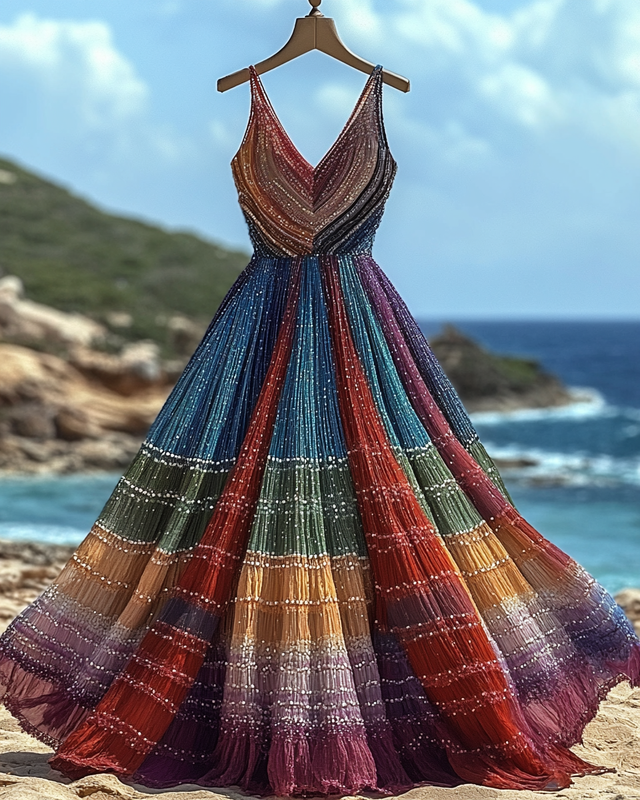 Elegant contrast color vacation rainbow maxi dress 216b